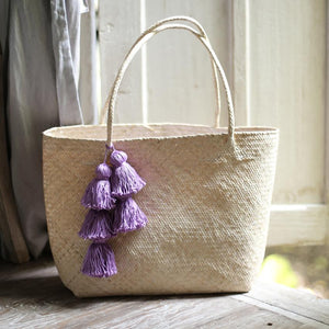 Borneo Sani Straw Tote Bag - with Purple Tassels (Pre-order)